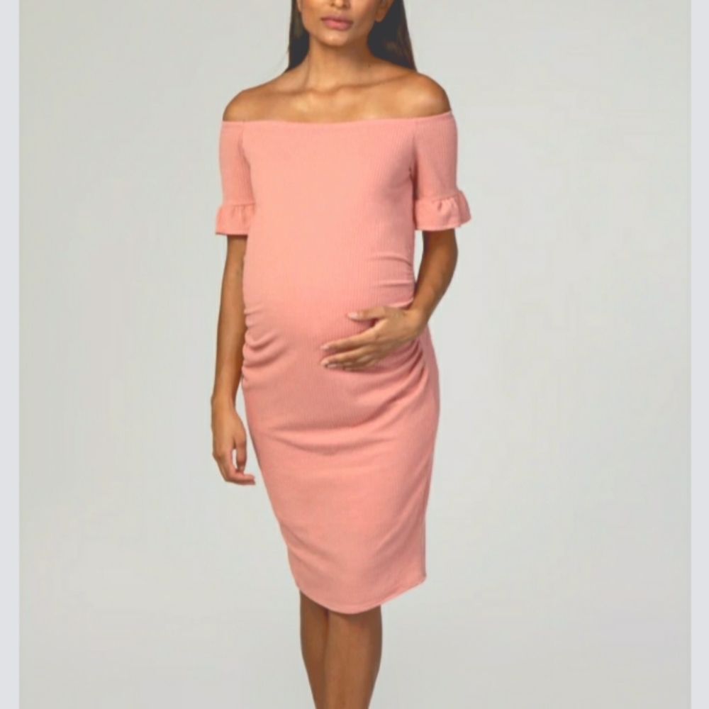 PinkBlush Ribbed Off the Shoulder Maternity Dress